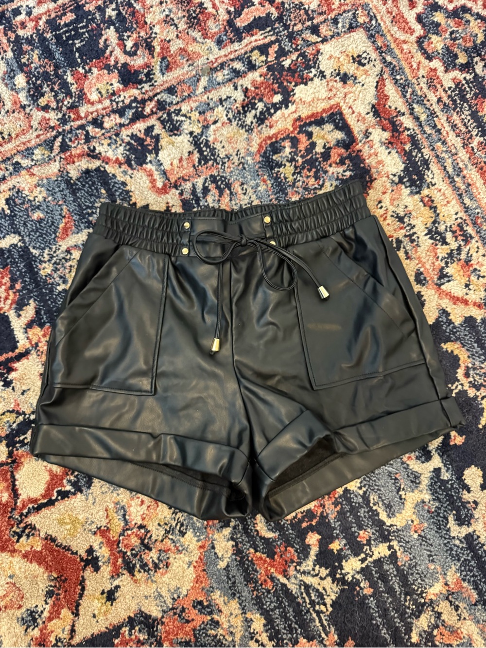 High waisted Black Faux Leather Drawstring Women’s Shorts